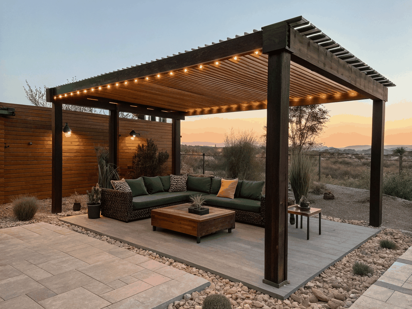 Modern architectural timber pergola with integrated rafters and lighting