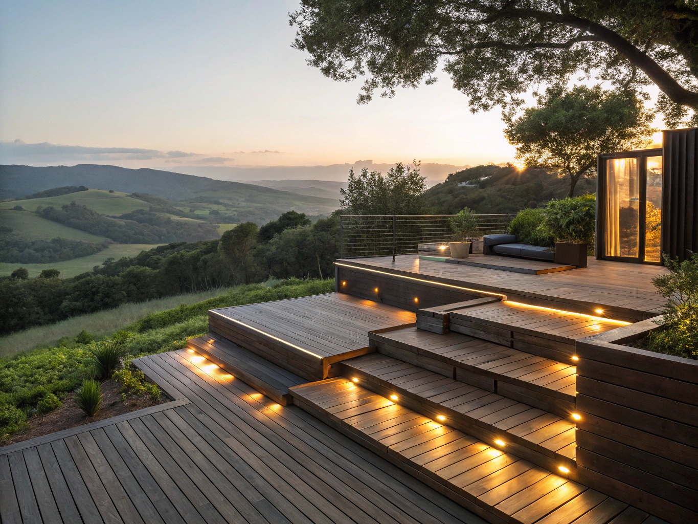 Custom architectural Blackbutt timber deck on a hillside slope