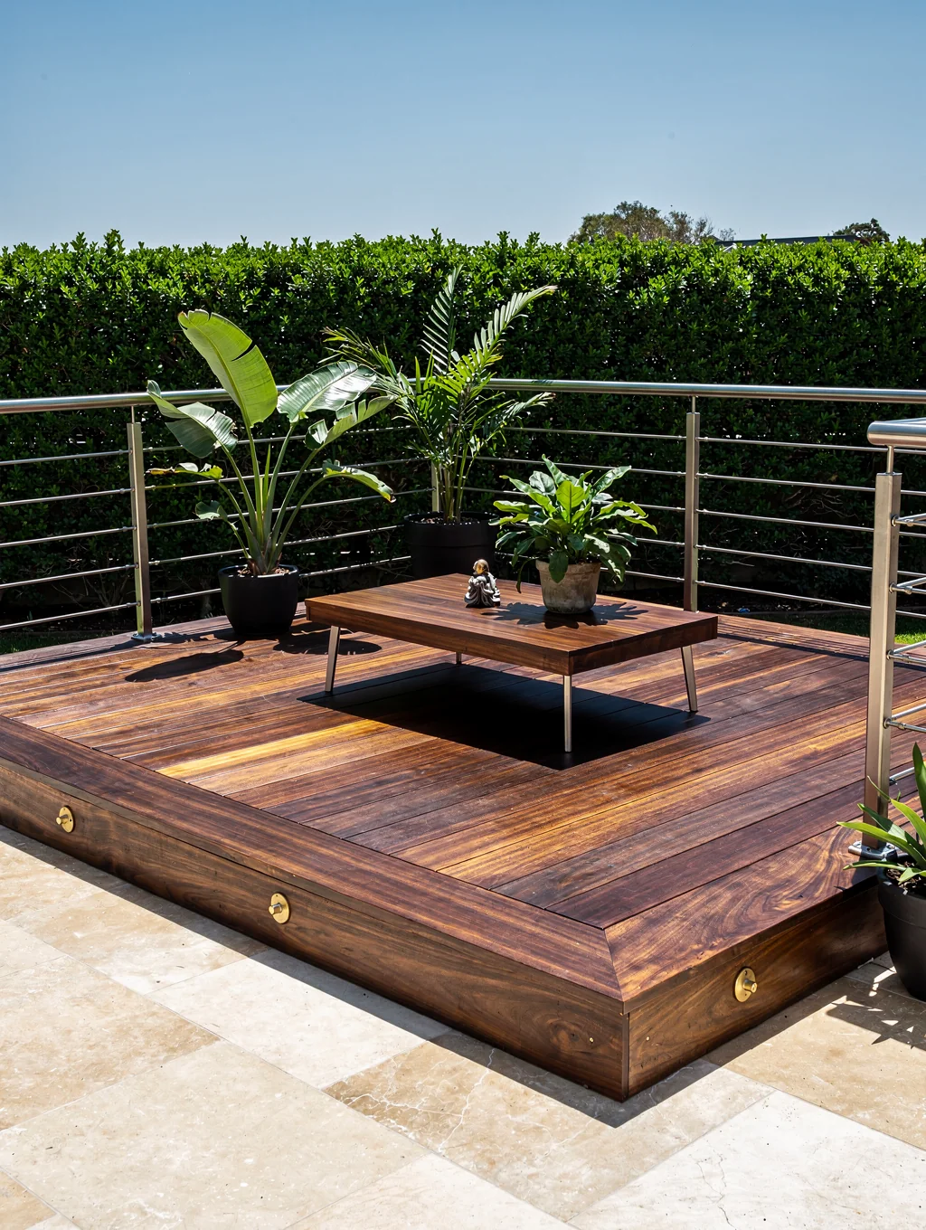 Custom architectural timber deck and pergola crafted by Romer and Co