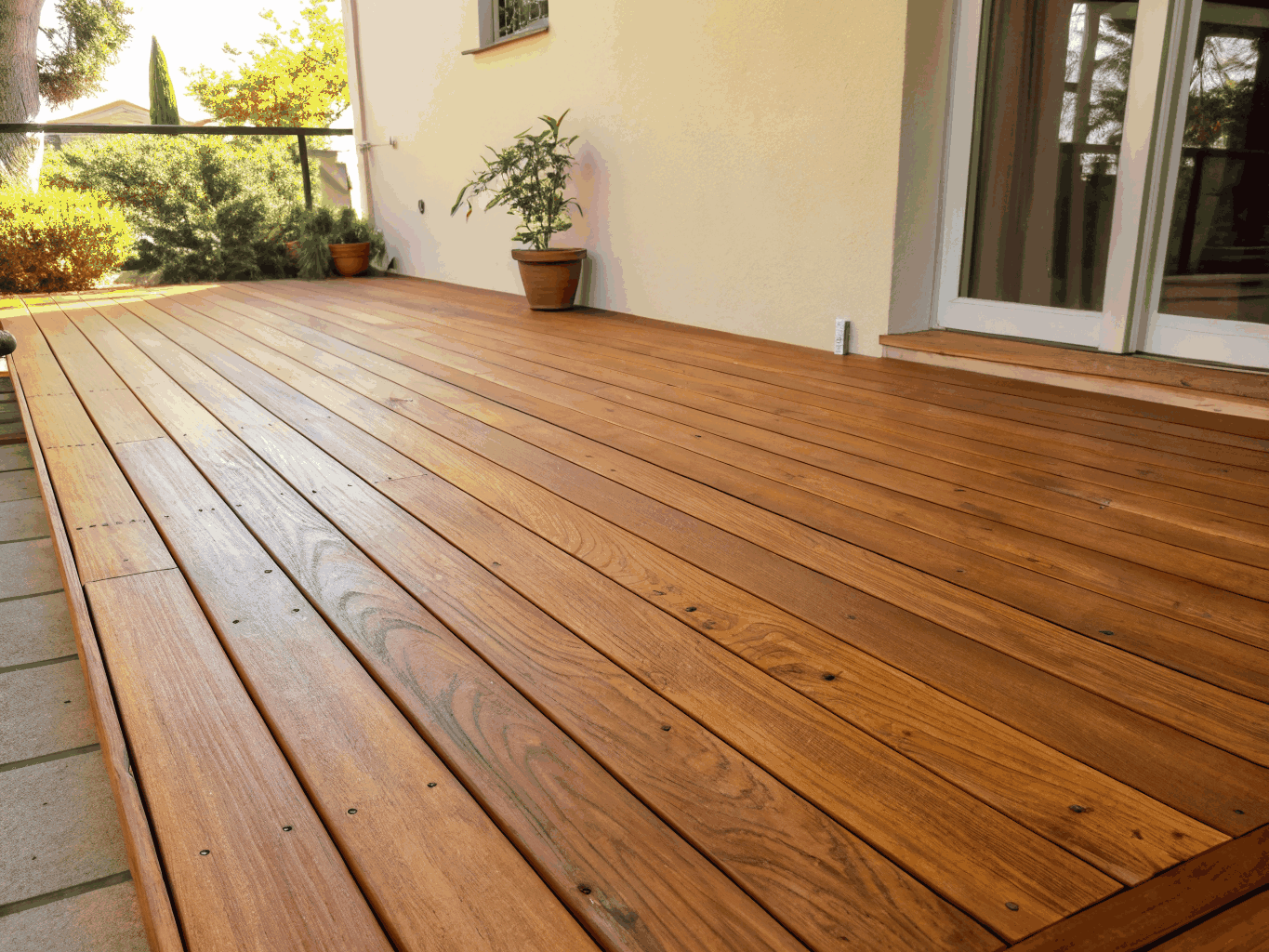 Spotted gum timber deck overlooking natural garden landscape