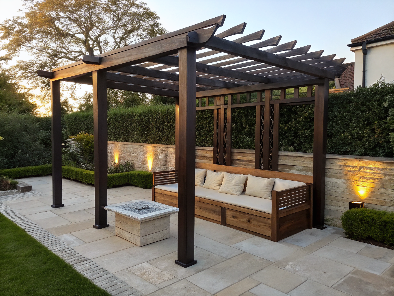 Custom blackbutt timber pergola with angled shade louvers