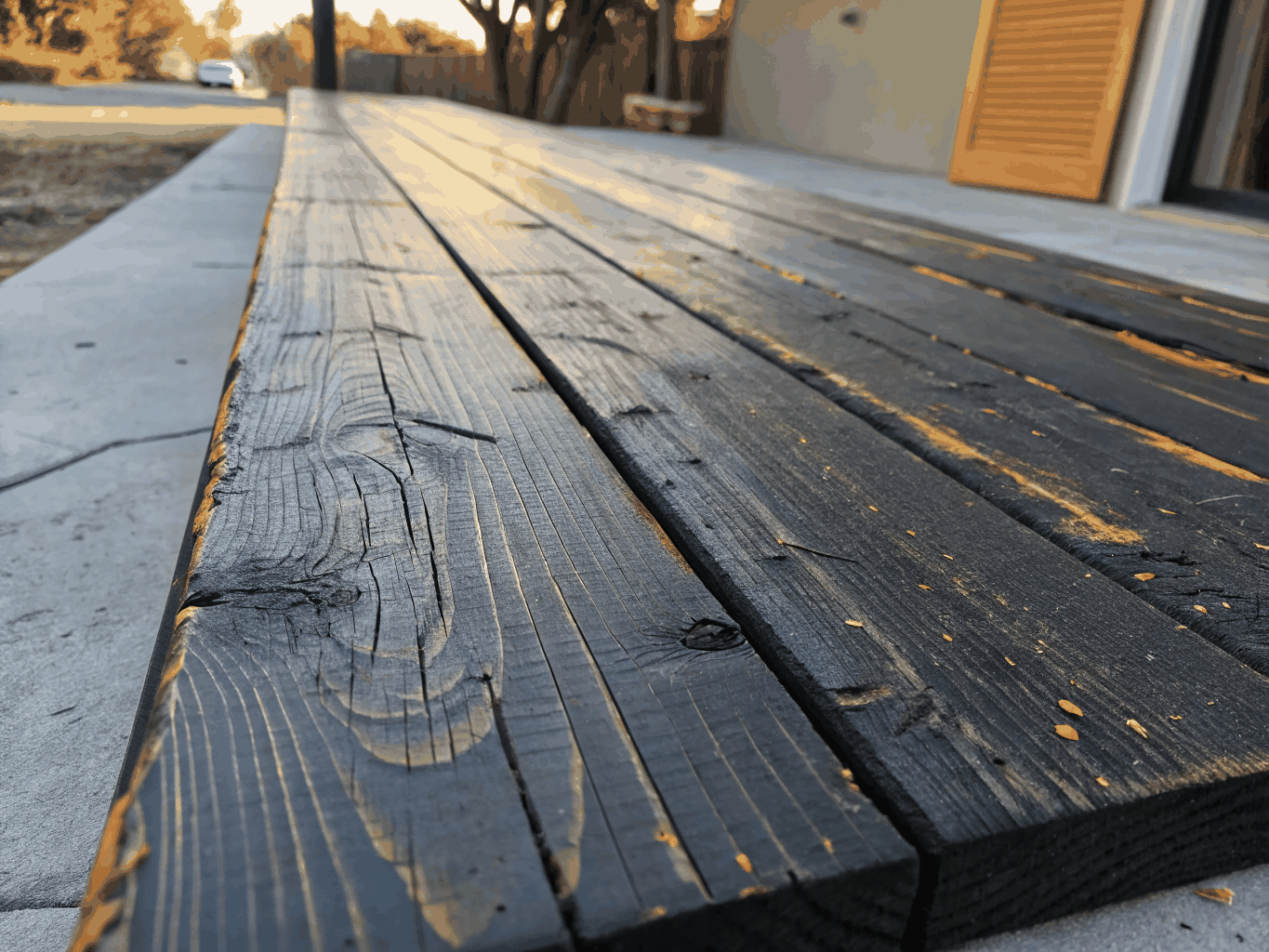 Charred timber batten screening wall with precise spacing