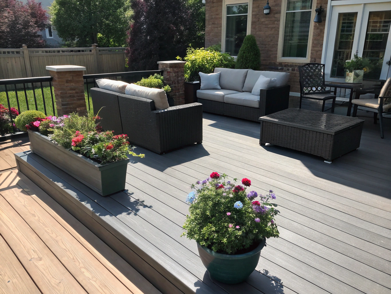 Contemporary composite deck with integrated seating bench area