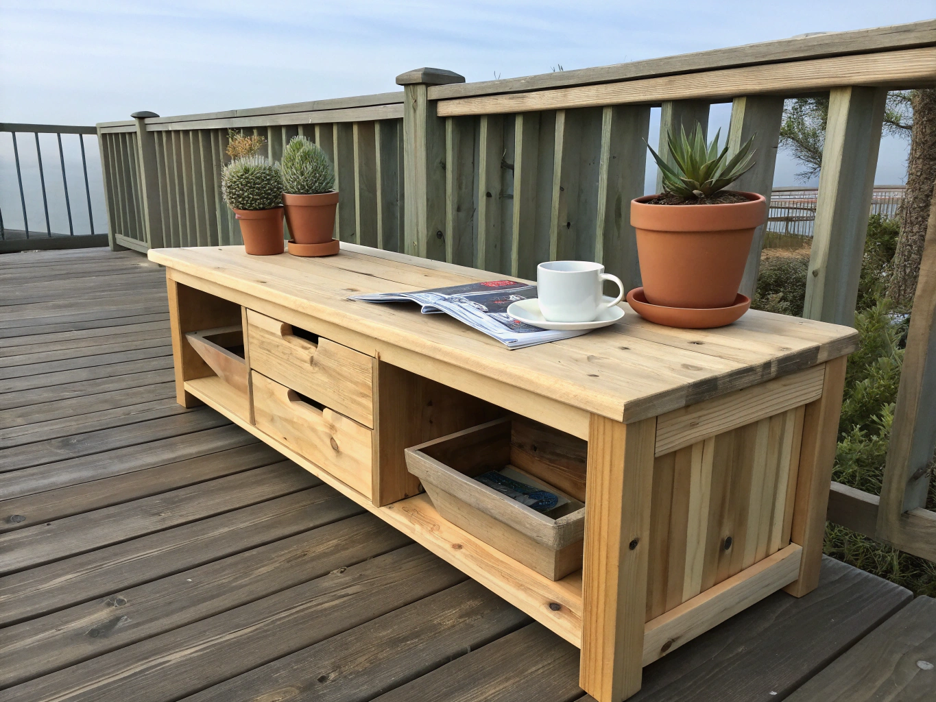 Bespoke floating timber bench seating built directly into outdoor deck