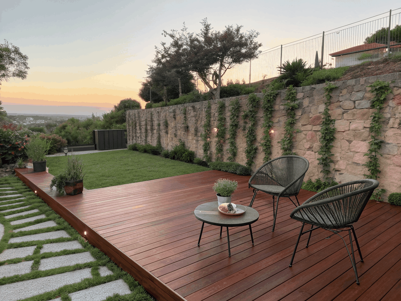 Spotted gum multi-tier outdoor hardwood deck with architectural steps