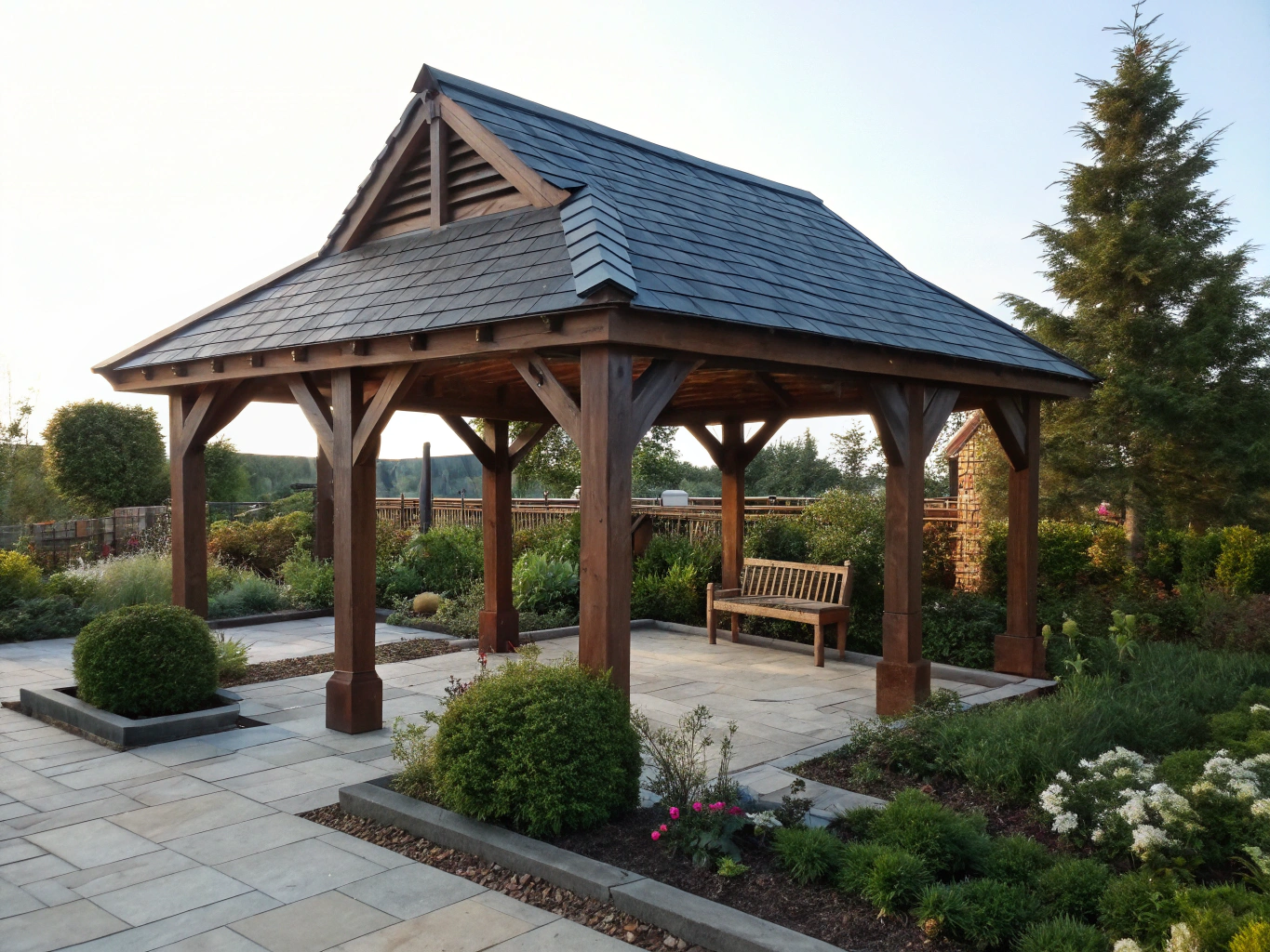 Heavy timber outdoor pergola with integrated angled privacy battens