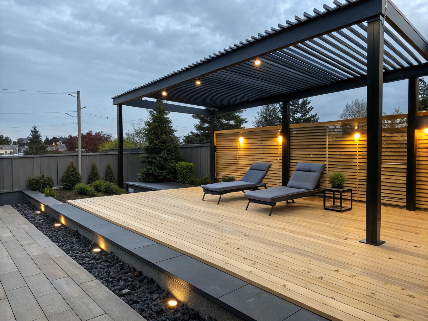 Finished modern composite decking area with stylish outdoor living space by Romer & Co