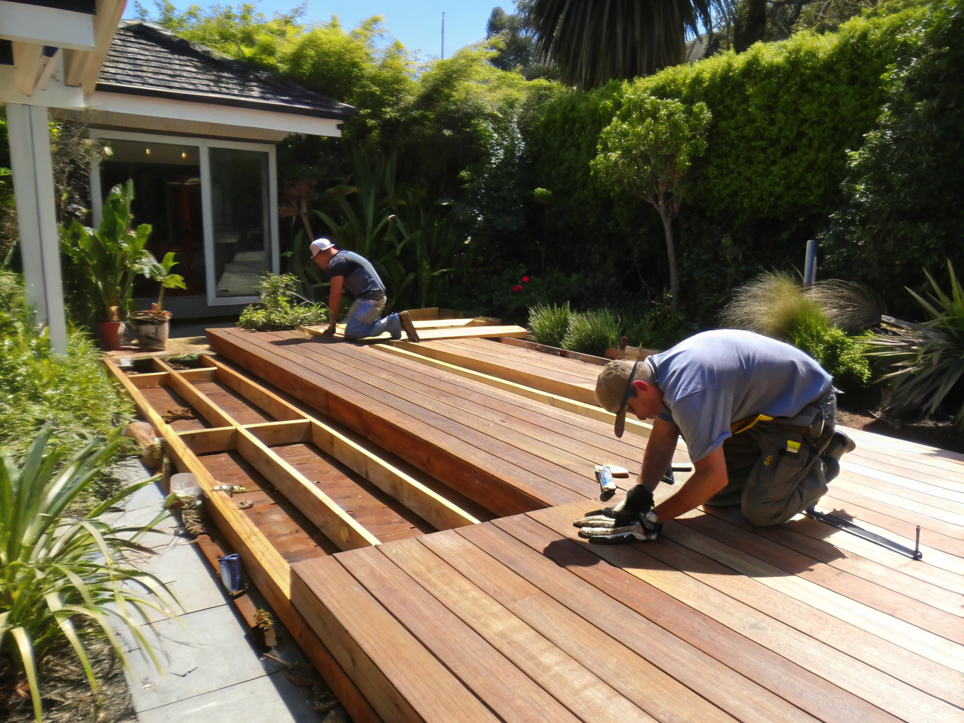 Spotted gum timber deck wrapping around a modern inground swimming pool