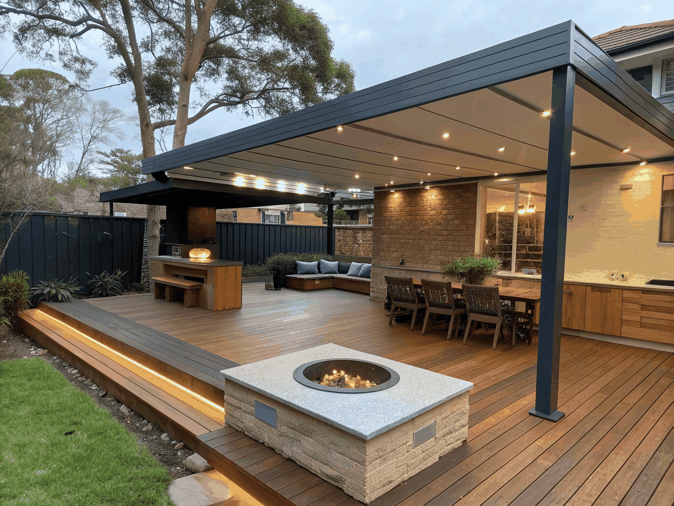 Bespoke spotted gum timber frame framing an outdoor dining space